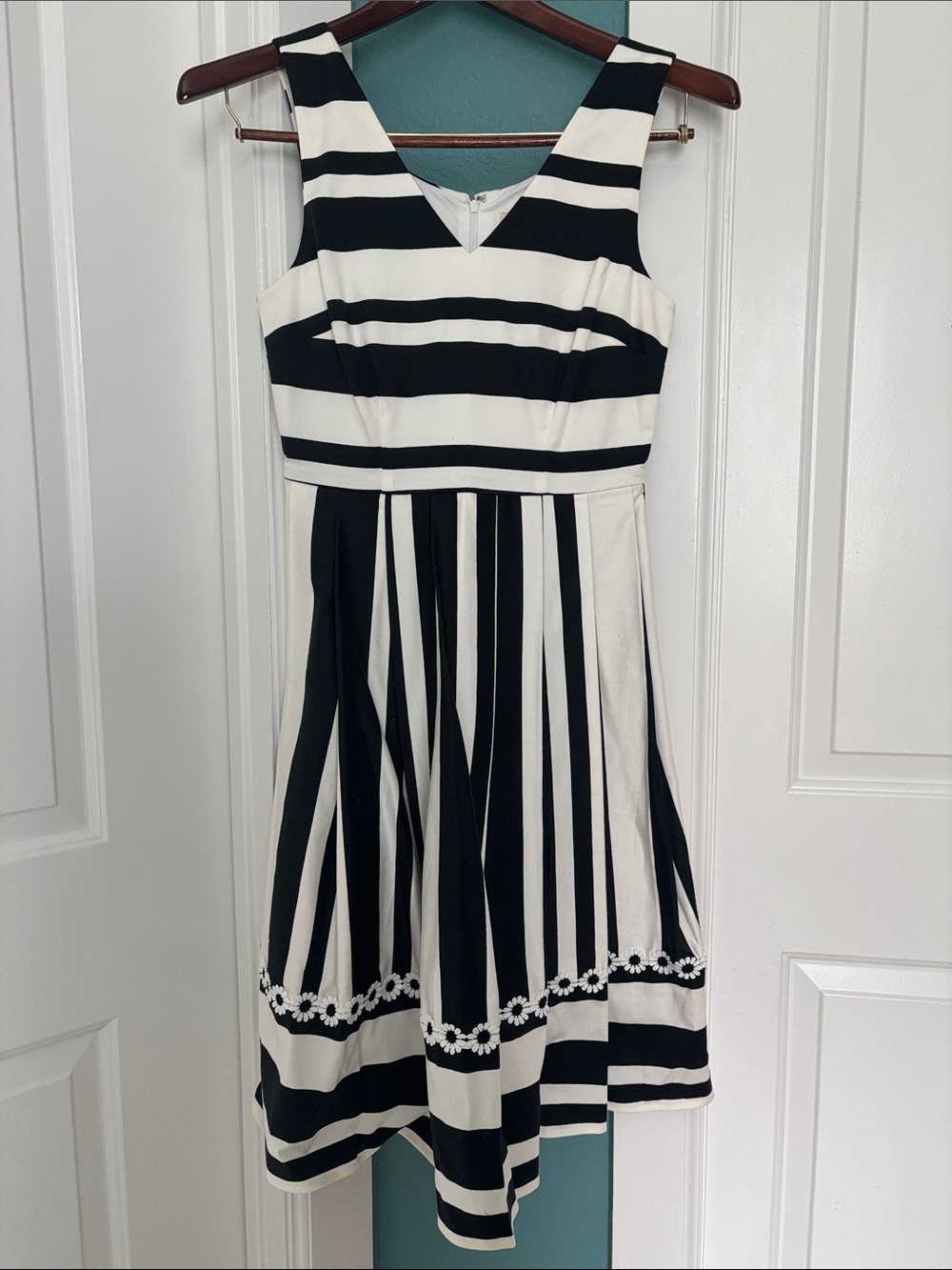 Modcloth Black and White Striped Midi Dress with Floral Trim